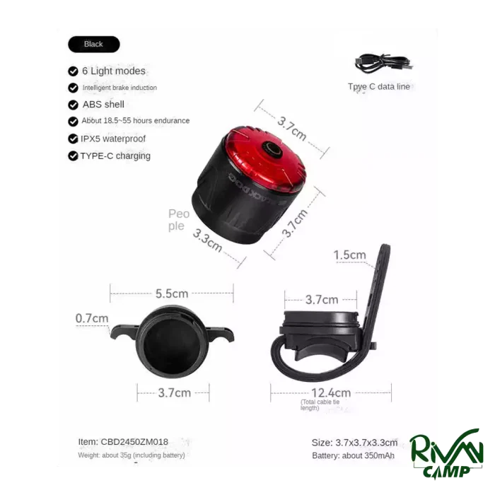 ابعاد و اندازه چراغ عقب هوشمند دوچرخه بلک داگ مدل CBD2450ZM018